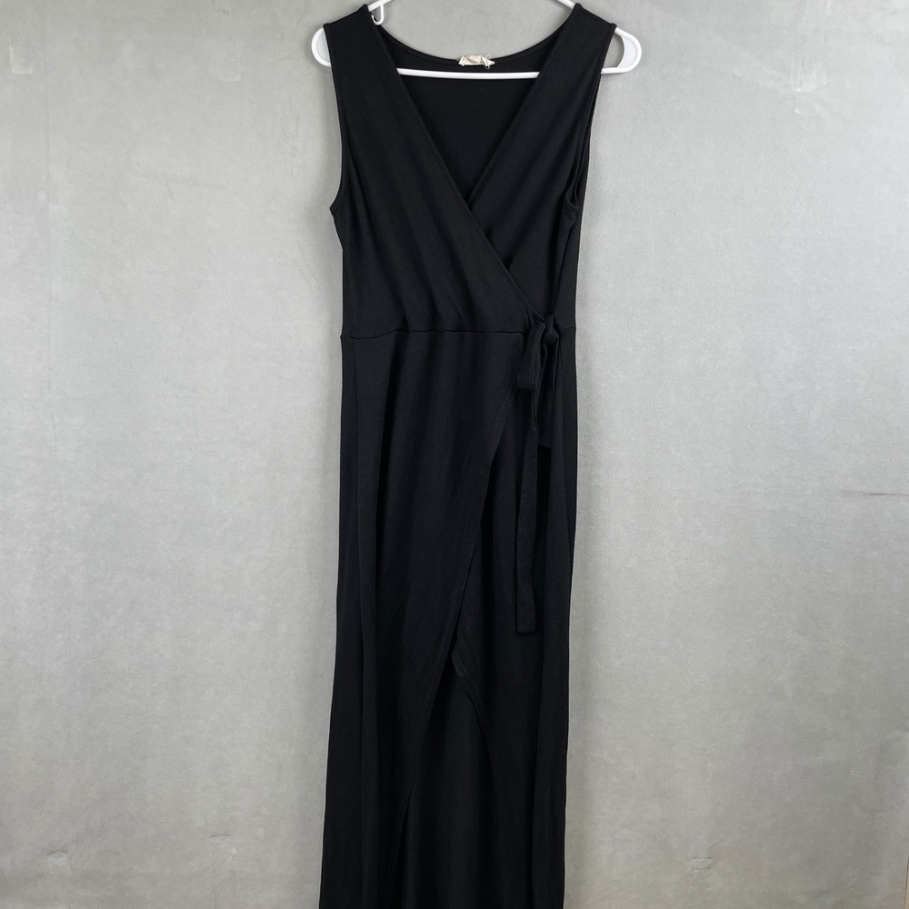 See You Monday Black Ribbed Sleeveless Wrap Maxi Dress Slit‎ Side Tie Grunge XL